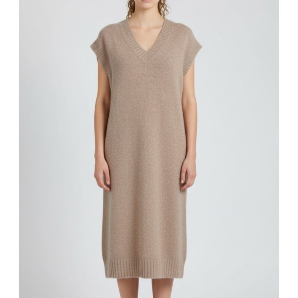 EASEL Brown SLEEVELESS V-Neck DISTRESSED TRIM Shift Midi SWEATER DRESS Sz L